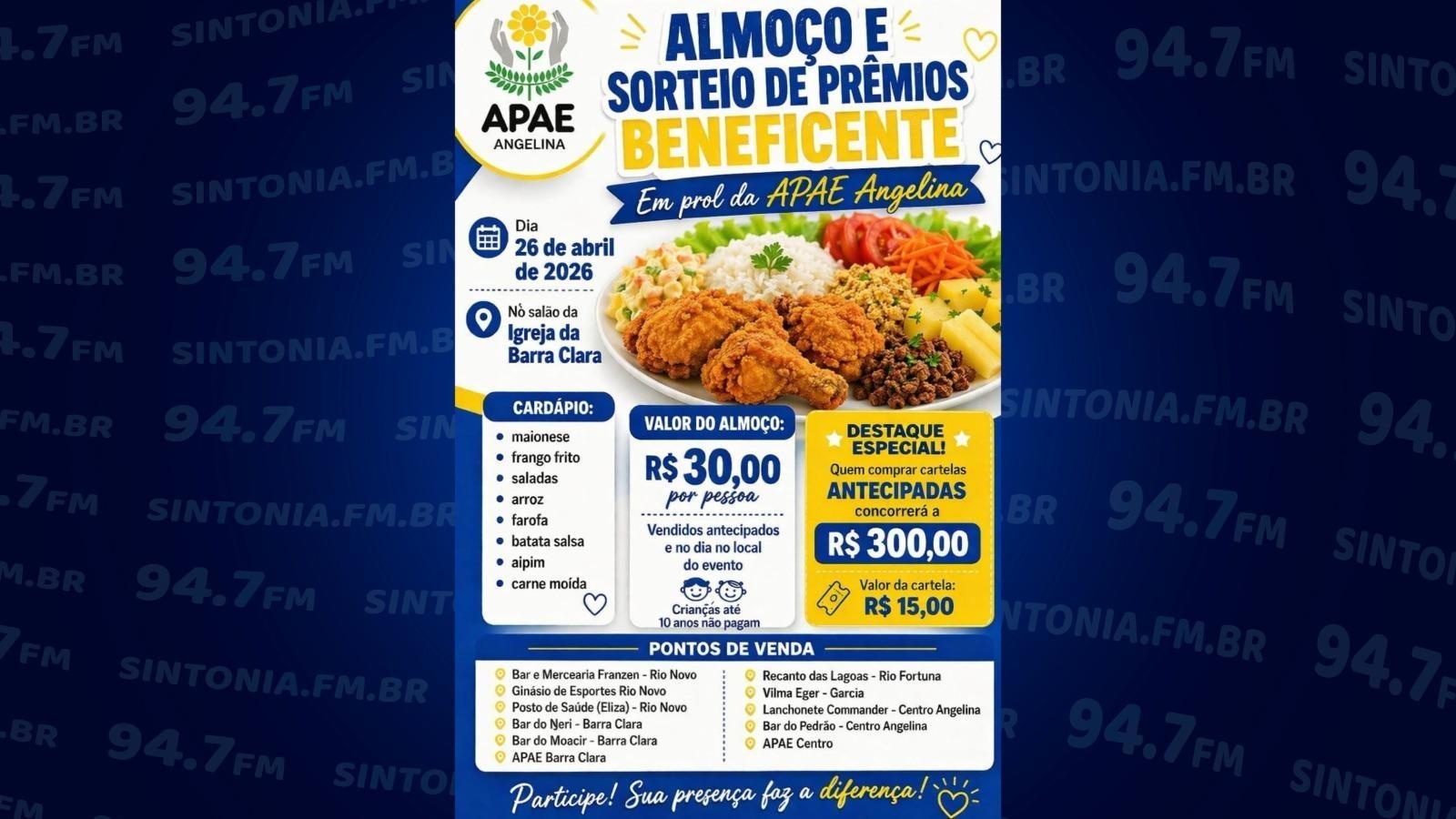 Apae de Angelina realiza almoço beneficente com sorteio de prêmios neste domingo (26) 